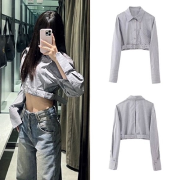 Zara collared crop shirt belted stripe long sleeve flattering dart back NWT rare - Picture 2 of 14
